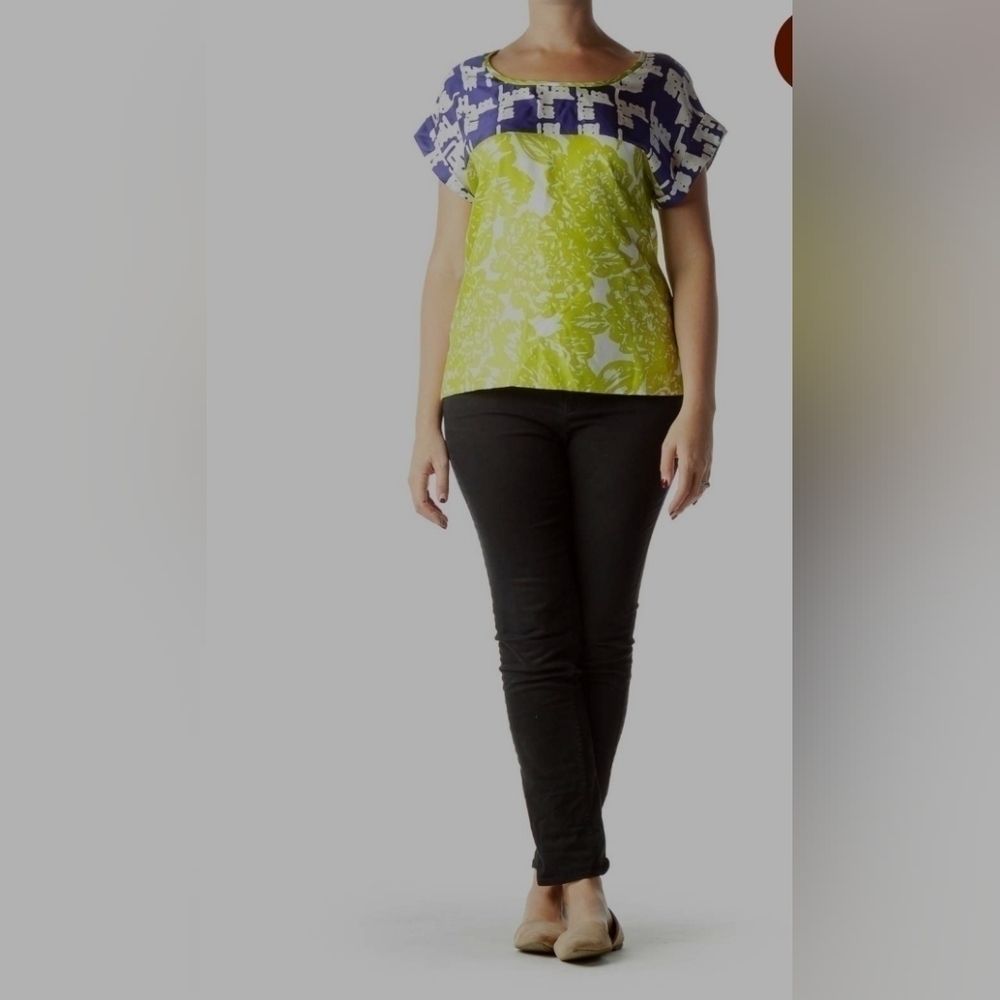 Trina Turk Blue Gren WHite Bicolor Printed Blouse S